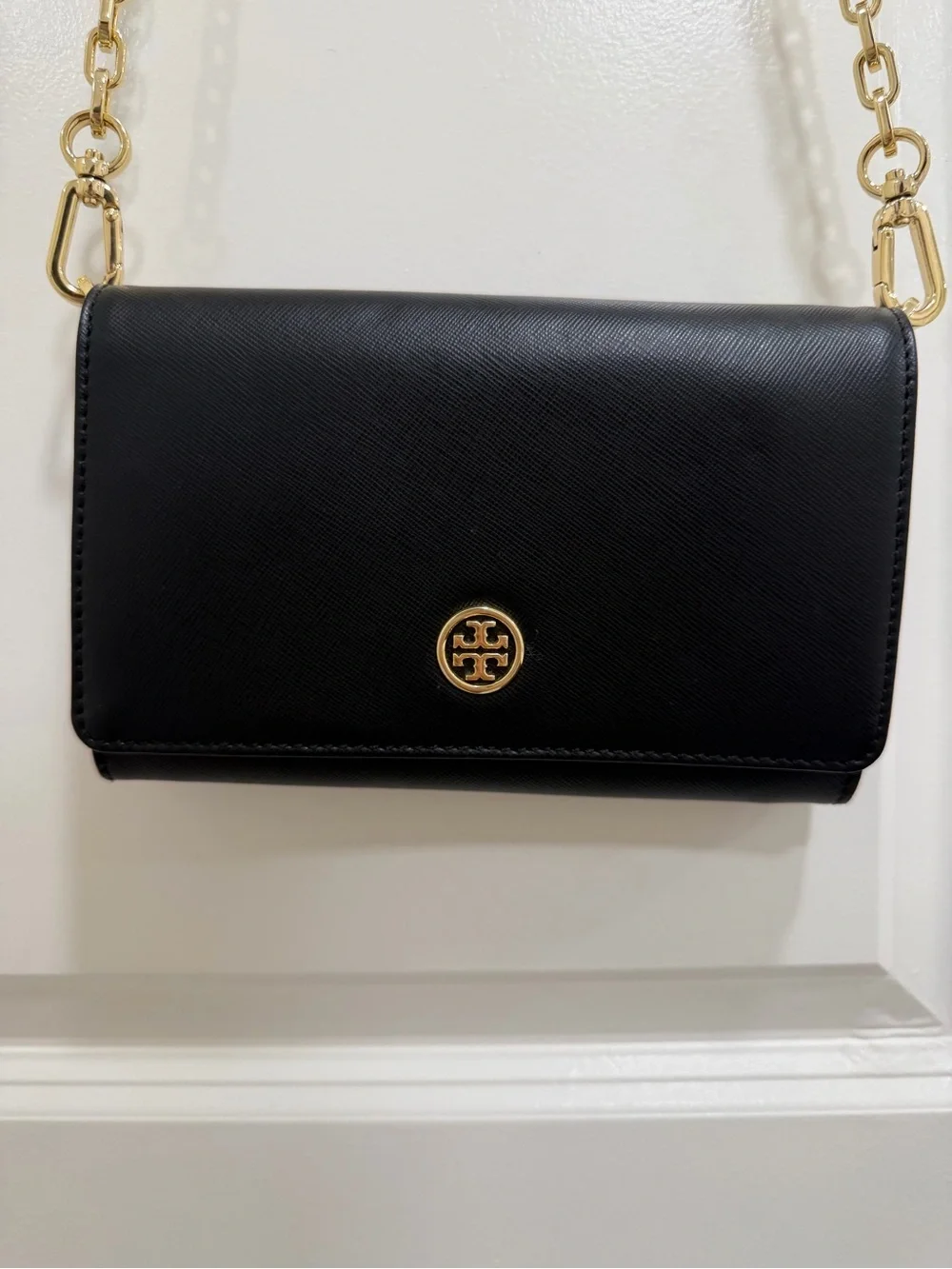 Tory Burch Black Leather Crossbody with Gold Chain